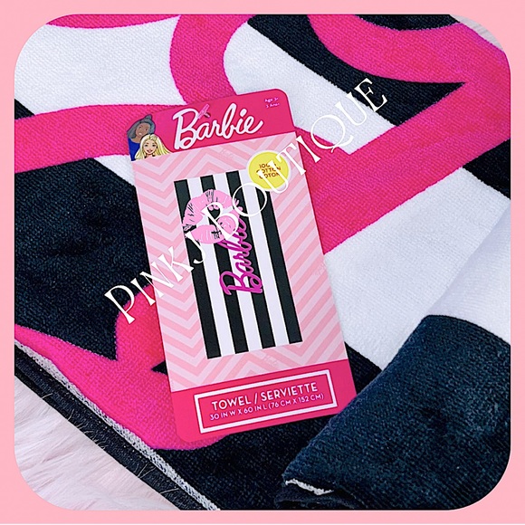 💗☀️{BARBIE} Stylish Hot Pink Logo | Black Stripes Summer Beach | Pool Towel - Picture 3 of 5